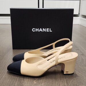 100% Authentic!! Classic Chanel Slingback In Goatskin & Grosgrain, Beige & Black